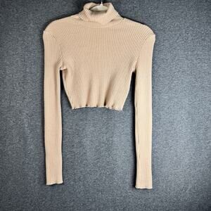 BERSHKA Cropped Rib Knit Turtleneck Pullover Sweater StretchWomen’s MEDIUM Beige